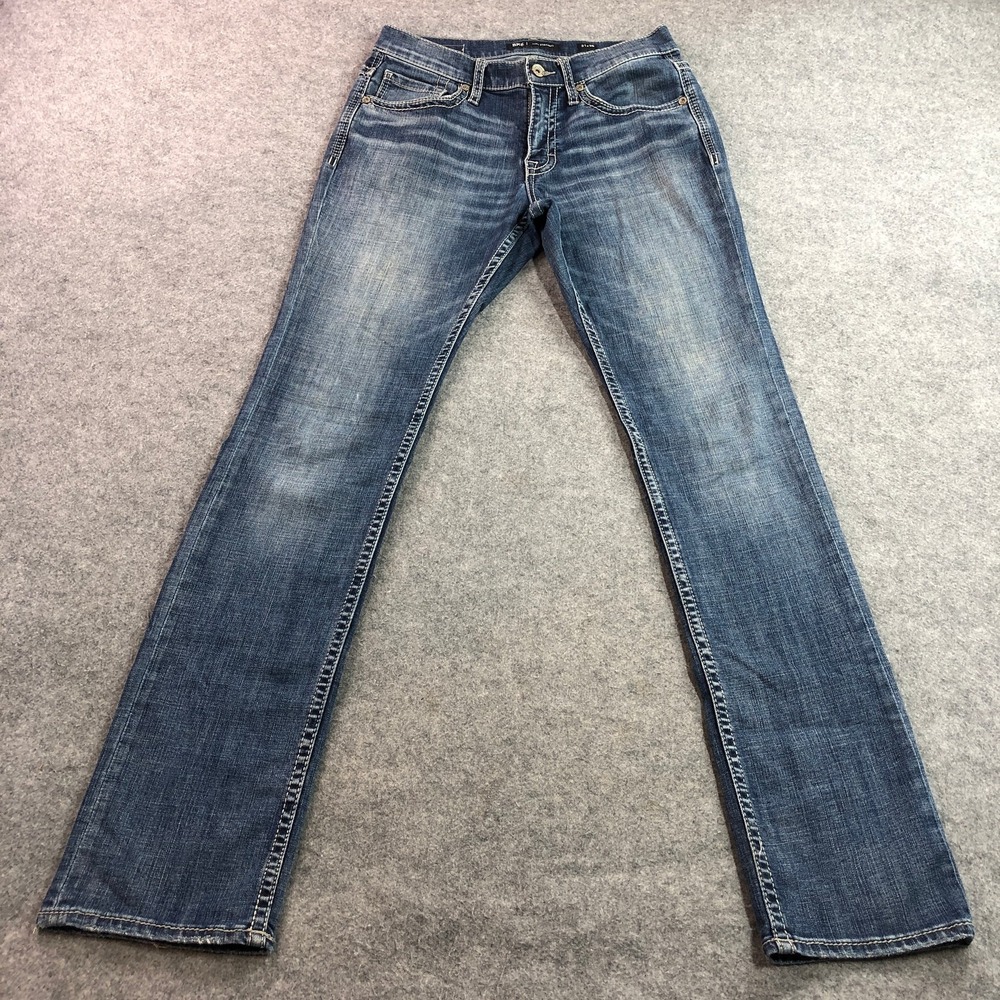 BKE Mens Jake Straight Jeans 31x36 Blue Contrast Stitch Stretch Denim Med Wash